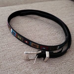 Black multi-color beaded Brighton leather belt silver buckle Size 34